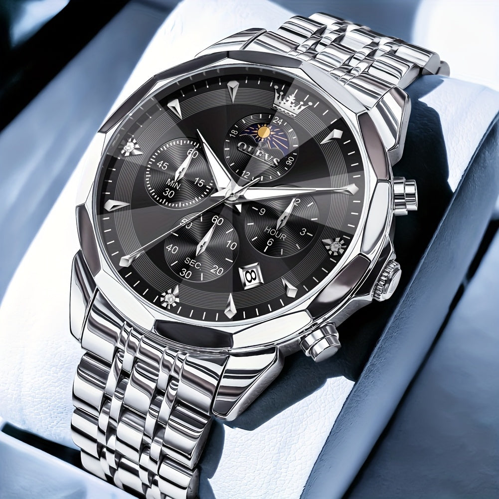 OLEVS Watches for Men Business Dress Analog Quartz Chronograph Luxury Two Tone Stainless Steel Moon Phase Luminous Date Classic Men'S Wristwatches Reloj Para Hombre