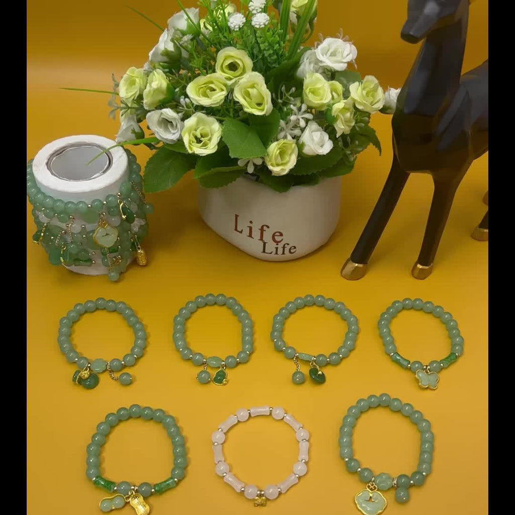 [7pcs Bead Chain Bracelet] Elegant 7pcs Bead Chain Bracelet Set, Butterfly And Lily Pendant Set Imitation Jade, Retro Chinese Style, Suitable For Daily Gifts And Wear, Suitable For Men And Women