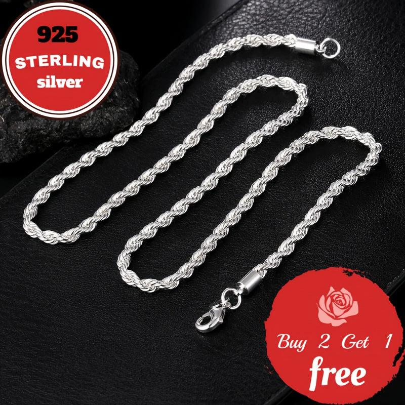 Italian Pure Handmade, 3Mm 925 Sterling Silver Twist Woven Necklace, Suitable for Holidays, Parties, Music Festivals, Give Him/Her Birthday, Valentine'S Day The Best Gift, Gift Box Packaging, Total Weight of The Product(6.24G)