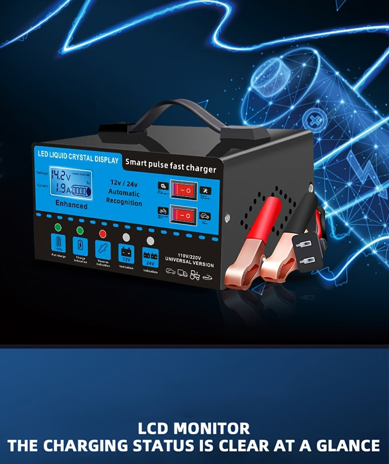 [Intelligent] 12V And 24V Intelligent Universal Battery Charger Inverter, With LCD Display Intelligent Maintenance Overcharge And Short Circuit Protection, Suitable For Intelligent Trickle Charging Maintenance Of Various Cars, Yachts, And Batteries