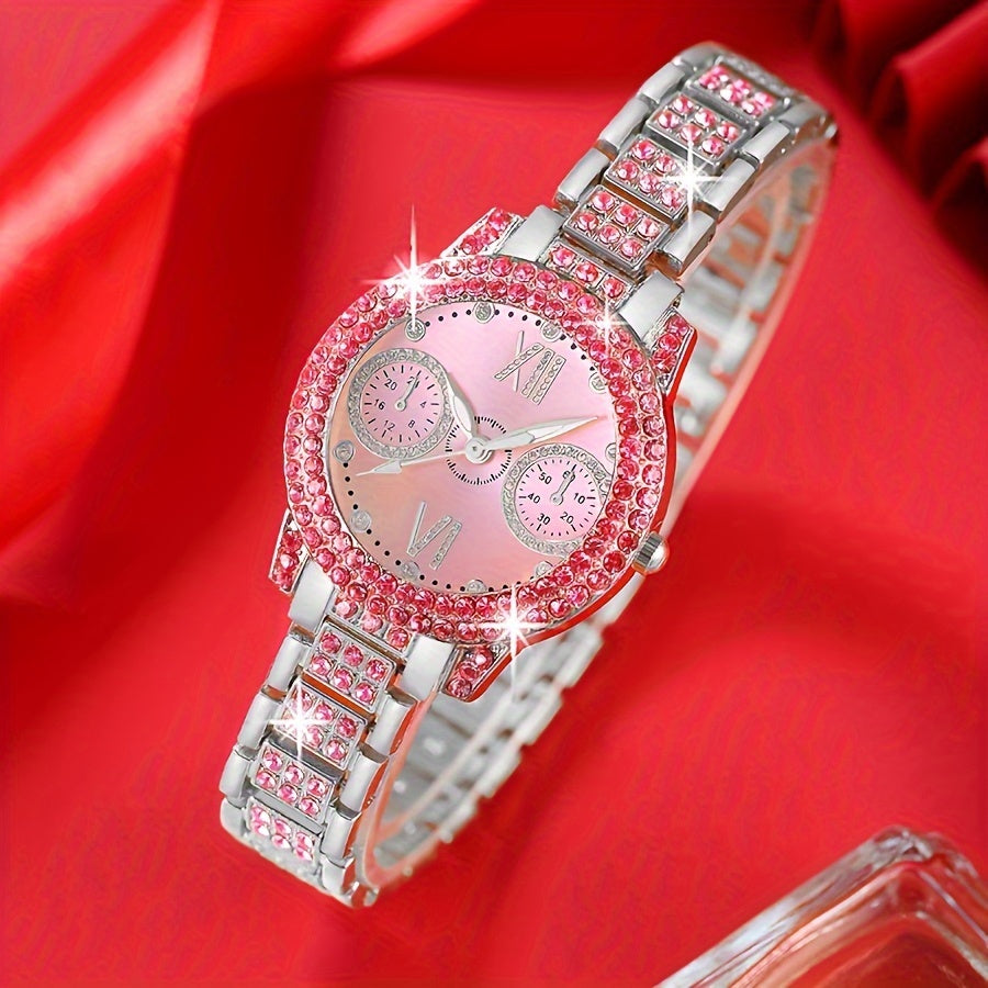 3pcs Set Fashion Watch and Jewelry Set, Elegant Pink Ring Watch Set with Rhinestone Accessories, an Ideal Gift Choice for Women