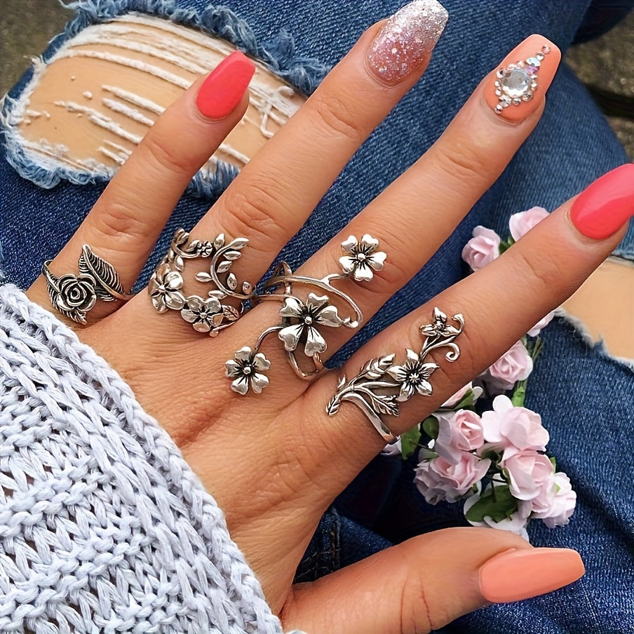 [Vintage 925 Silver Rings] 4pcs 925 Silver Vintage Stacked Floral Rings Set - Simple Elegant Design for Women - Daily & Gift Occasions
