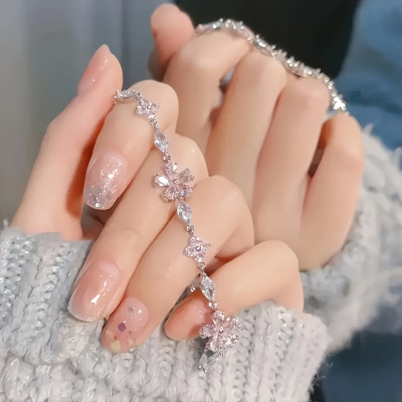 1 Women's S925 Silver Pink Cherry Blossom Bracelet, Fashionable, Cute, Exquisite Square Synthetic Synthetic Zirconia Petal Cherry Blossom Bracelet Adjustable