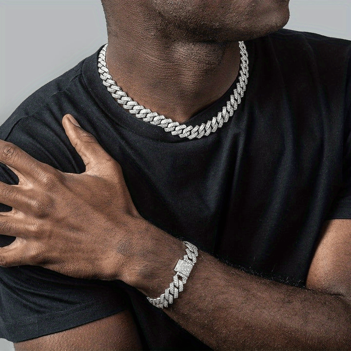 2pcs Men Cuban Link Necklace And Bracelet Set Full Rhinestones Embellished Unisex Punk Inspired, Y2K Hip Hop Style Cuban Link Necklace Bracelet Jewelry Luxury Gift Idea for Him/Her