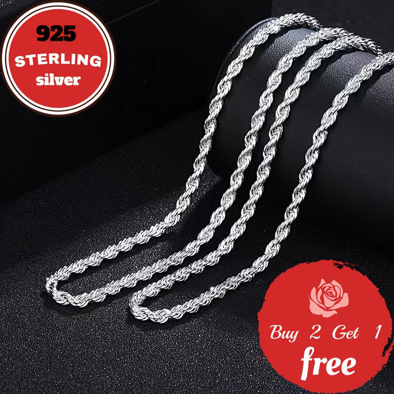 Italian Pure Handmade, 3Mm 925 Sterling Silver Twist Woven Necklace, Suitable for Holidays, Parties, Music Festivals, Give Him/Her Birthday, Valentine'S Day The Best Gift, Gift Box Packaging, Total Weight of The Product(6.24G)
