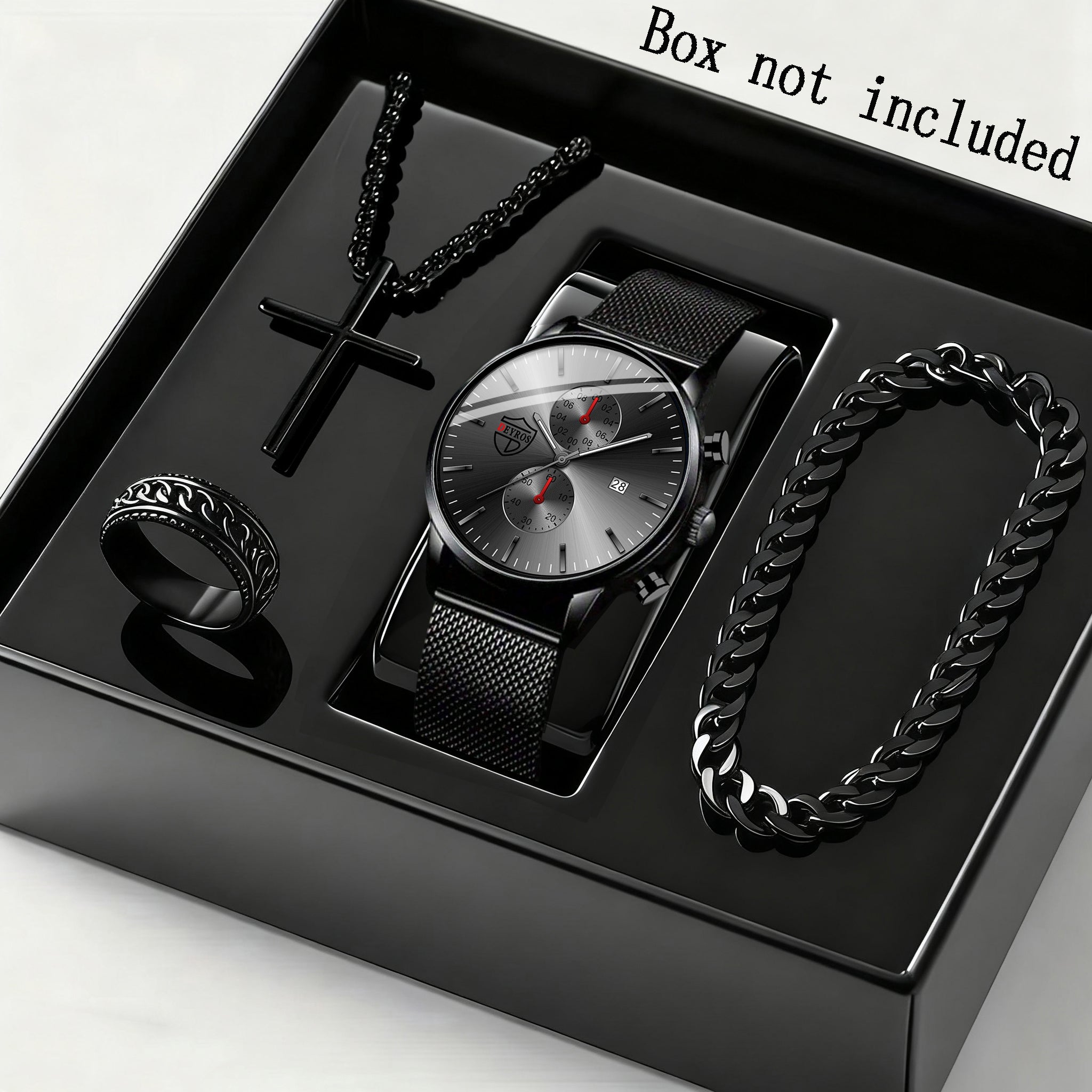 [ Men Watch Set ] 4pcs/ Set Men's Quartz Watch & Bracelet Set | Stainless Steel | Casual Watch | Business Watch | Bracelet for Men | Men Necklace | Date Watch for Men