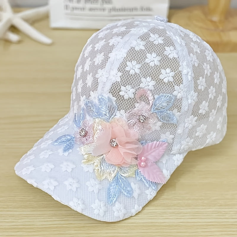 Fashionable Floral Embroidered Lace Face Breathable And Comfortable Baseball Cap, A Trendy And Casual Women's Hat Decorated with Large Flowers, A Gift for Friends