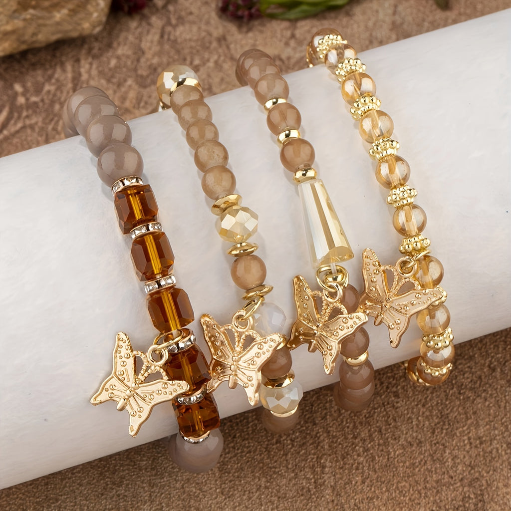 7 sets (a total of 28pcs) of multi-layer beaded stackable bracelet sets, artificial butterfly pendant jewelry sets, multi-layer beaded elastic bracelets, handmade jewelry sets -DIY beaded jewelry