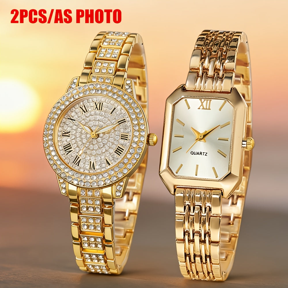 Set of 2 Women'S Watches, Elegant Golden Color Wristwatch for Women, Stylish Casual Quartz Timepiece, Perfect Gifts for Ladies