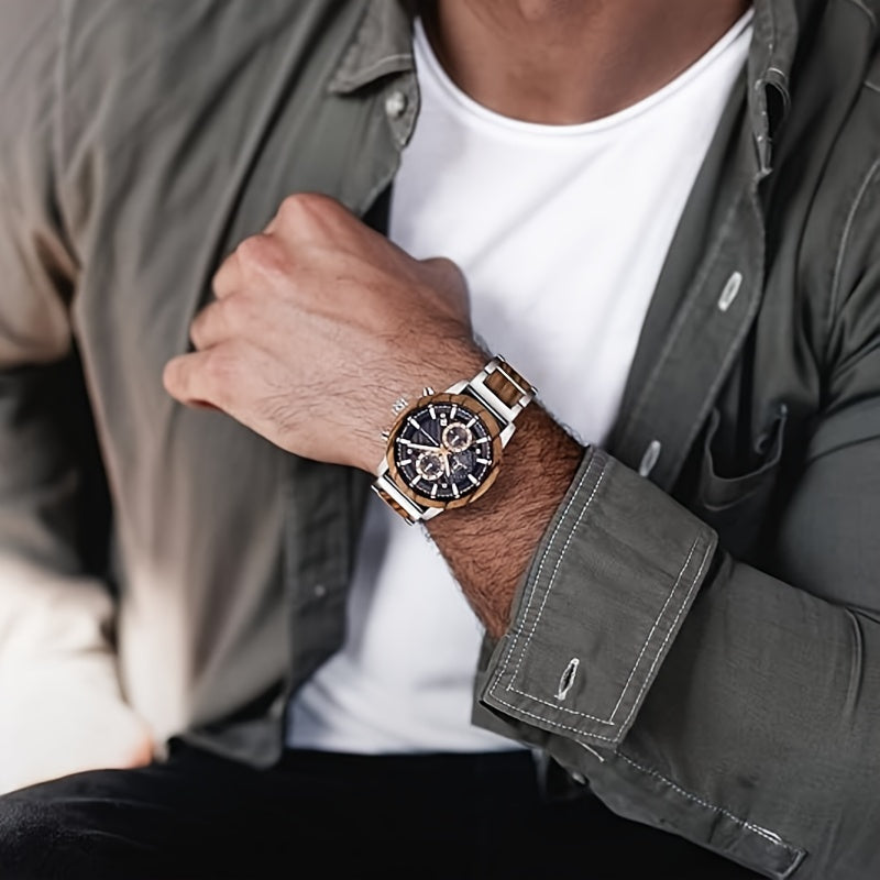 1pc Men'S Wooden Timepiece, Featuring Multifunctional Quartz Chronograph And Date Display, Handcrafted from Wood, with a Luminous, Stylish, And Lightweight Design Combining Wood And Stainless Steel