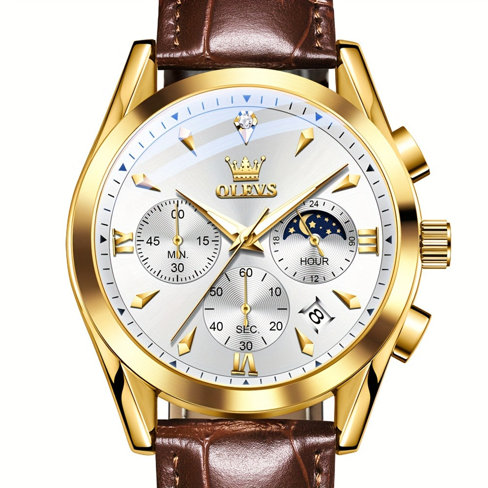 OLEVS Watches for Men Business Dress Analog Quartz Chronograph Casual Faux Leather Waterproof Moon Phase Luminous Date Luxury Mens Wrist Watches Reloj Para Hombre