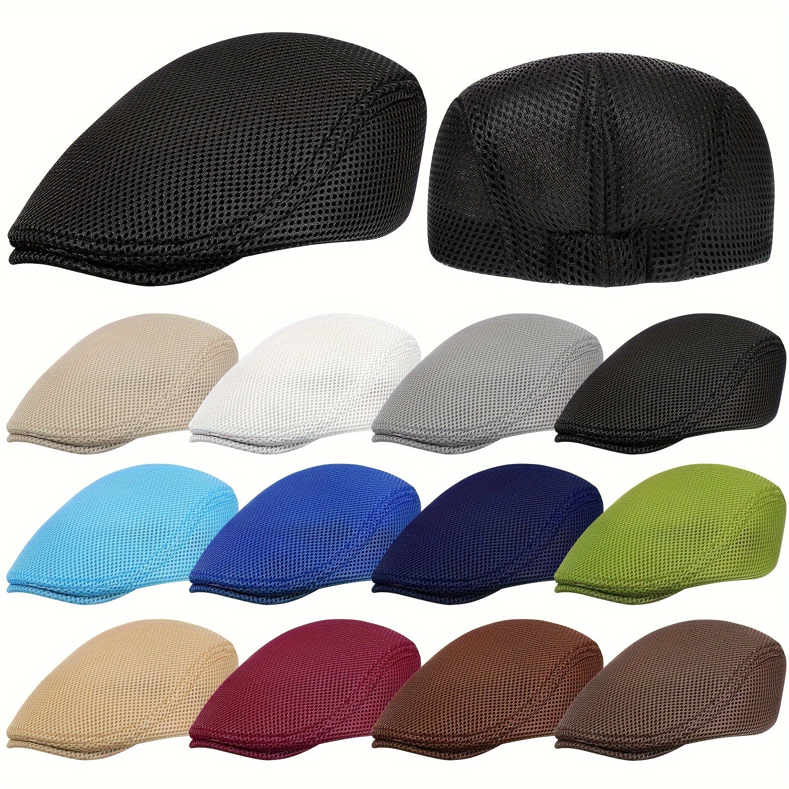 12pcs Mesh Newsboy Hat Flat Cap Breathable Summer Beret Cap Cabbie for Golf Baseball Driving, Casual Wear, Driving Gear, Breathable Design, Sporty Style, Comfortable Fit, Mesh Fabric, Adjustable Hat, Multipurpose Cap, Outdoor Enthusiasts, Golf Players