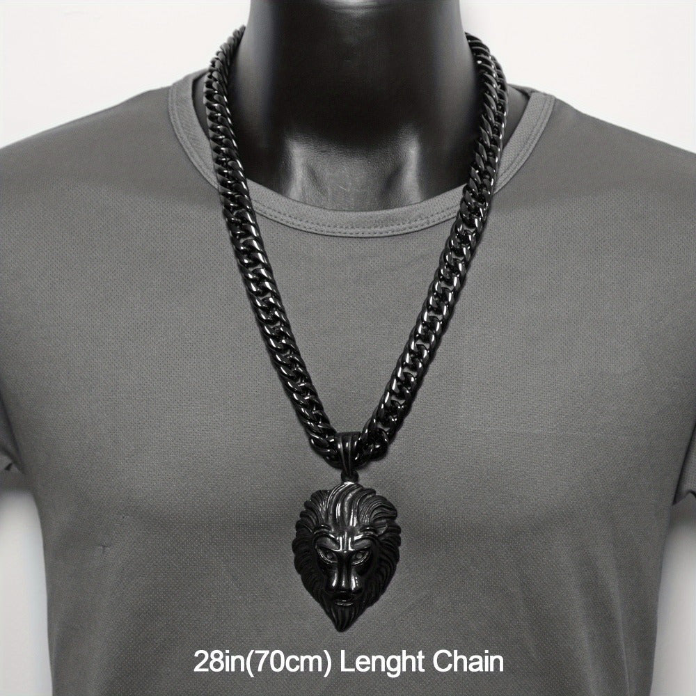 Majestic Lion Head Pendant Necklace Durable Stainless Steel Cuban Chain Fashion Black End Men'S Bold Statement Jewelry