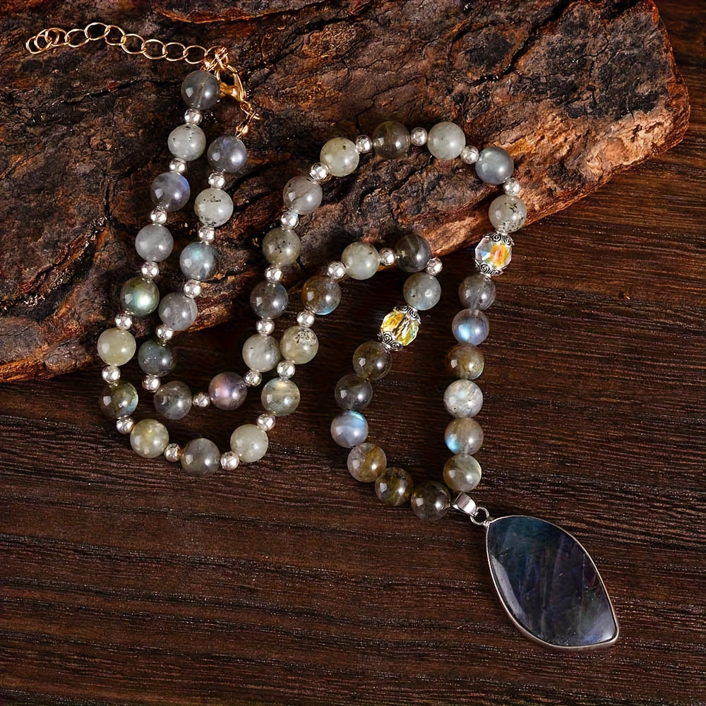 2pcs Labradorite & Moonstone Double Pendant Necklace - Natural Stone Bohemian Jewelry with Aurora Borealis Effect, Spiritual Growth Gift for Teenager, Christmas Mother'S Day Teacher Graduation Jewelry, Everyday & Special Occasion Necklace, Spiritual Jewel