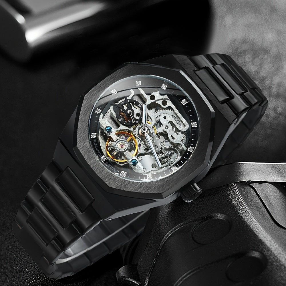 1pc FORSINING Men's Luxury Mechanical Watch - Skeleton Tourbillon, Luminous Hands, Stainless Steel Band, Irregular Case, Fashion Casual Style, Ideal for Christmas, Father's Day Gift, Luxury Business Watch | Automatic Watch | Without Battery