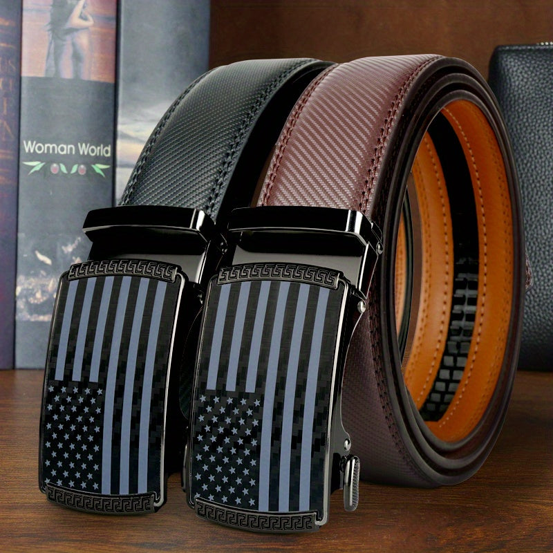 Set of 2 Split Leather Ratchet Belts for Men, Featuring American Flag Designs And Automatic Slide Buckles for Golf, Belt Buckle For Men