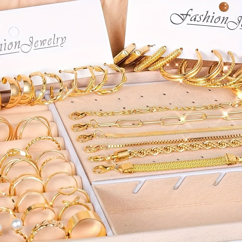 [Elegant Female Gift] 57pcs/Set Golden Bracelets Rings Anklets Earrings Necklaces Elegant Style Delicate Female Gift Without Box