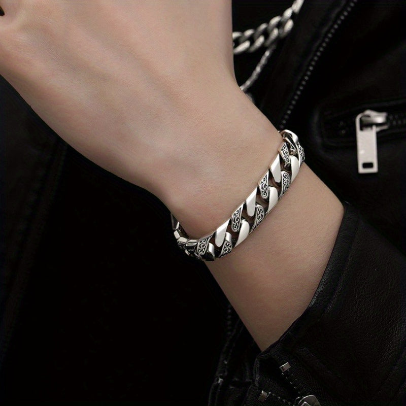 1pc S925 925 Silver Men'S Bracelet, Arabesque-Punk Style, Fashion Bracelet, Silvery Bracelet, Men'S Birthday Gift Jewelry, Father'S Day Gift, Boyfriend Gift, Birthday Gift, Perfect Gift for Guys, Perfect for Everyday Wear