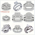 9pcs Classic Princess Bridal Engagement And Wedding Ring Set with Synthetic Zirconia Rings for Perfect Daily Women'S Clothing Matching Jewelry Additions Gifts for Girlfriend And Wife