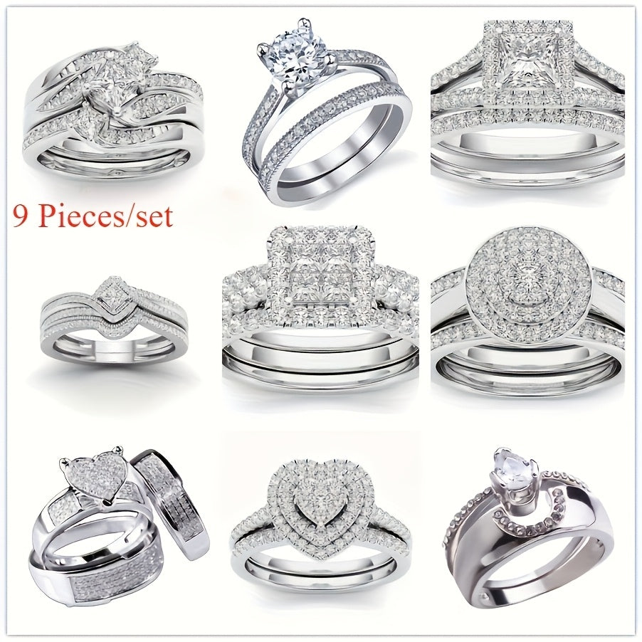 9pcs Classic Princess Bridal Engagement And Wedding Ring Set with Synthetic Zirconia Rings for Perfect Daily Women'S Clothing Matching Jewelry Additions Gifts for Girlfriend And Wife