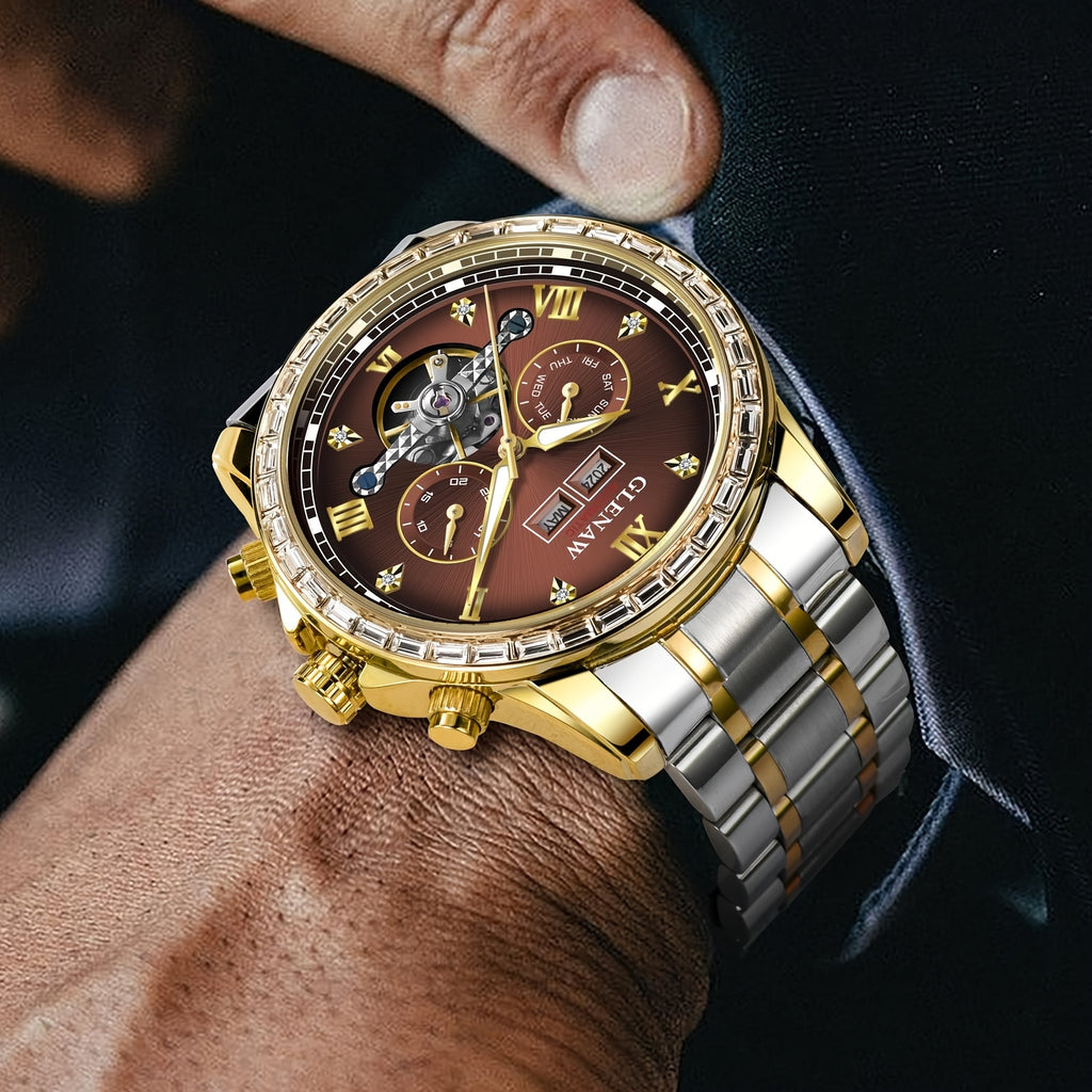 GLENAW Men'S Luxury Automatic Mechanical Watch - Golden-Tone Rhinestone Case, Multi-Function Perpetual Calendar Dial, Stainless Steel Strap, Water-Resistant up to 1181.1inch, with Roman Numerals & Date Display, Without Battery