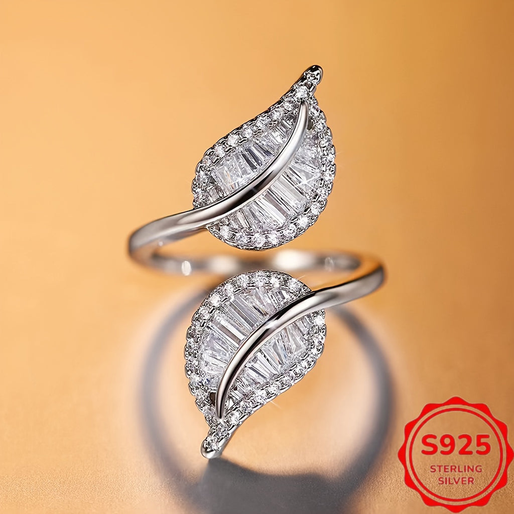 925 Sterling Silver, Hypoallergenic, Elegant Leaf Shaped Ring Set with Shiny Synthetic Cubic Synthetic Zirconia | Suitable for Daily and Holiday Wear, the Best Choice for Gift Giving