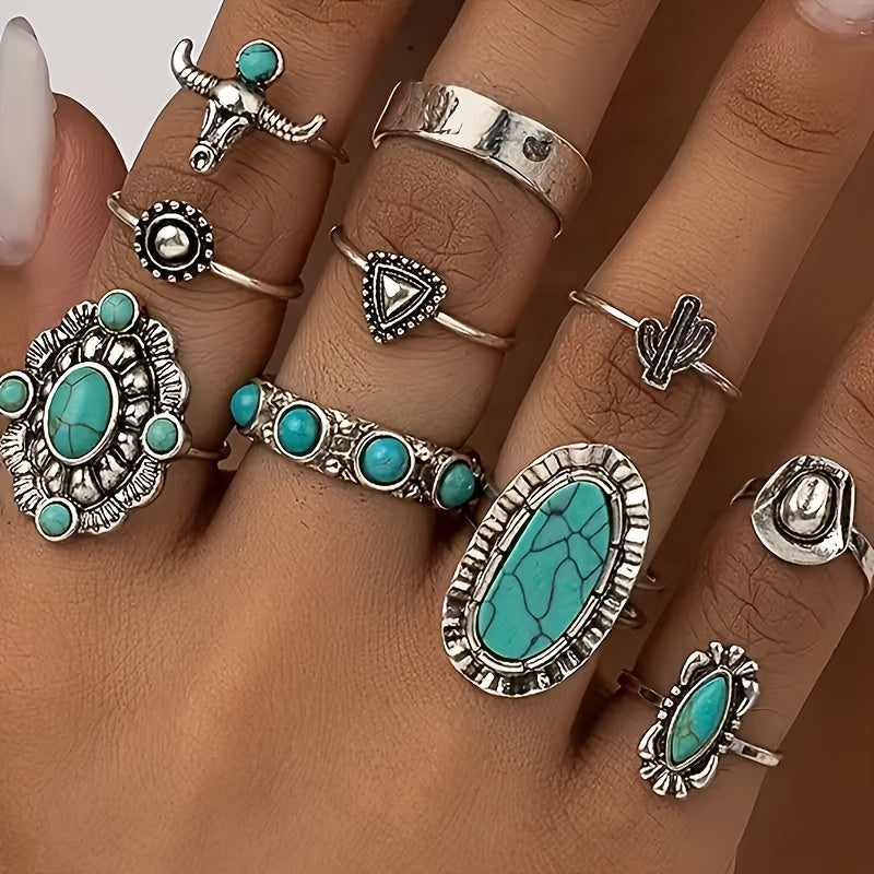 [Holiday Parties, Festive Gifts] Random Selection of 28 Vintage Bohemian Ring Sets, Turquoise Ring Sets, Stackable Ring Sets Featuring Geometric Heart And Butterfly Designs. Suitable for Ladies' Everyday Wear, Holiday Parties, And Festive Gifts