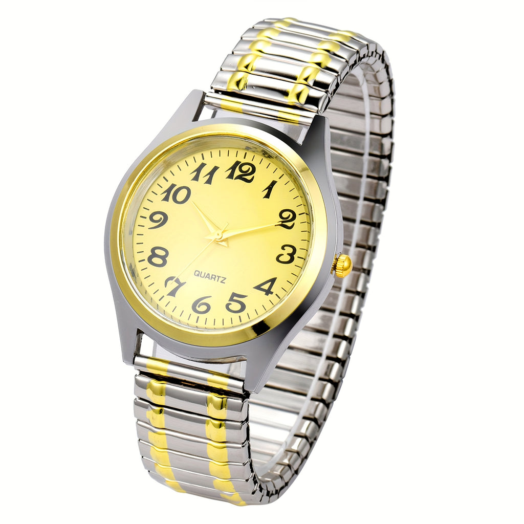 Men's Analog Quartz Elastic Watch, Senior Citizen Stretch Wristwatch, Round Case, Expandable Strap, Large Arabic Numerals Scale Dial, Clear And Easy to Read, Easy to Wear, Suitable for Casual Business Wear, Christmas Birthday Anniversary Gift
