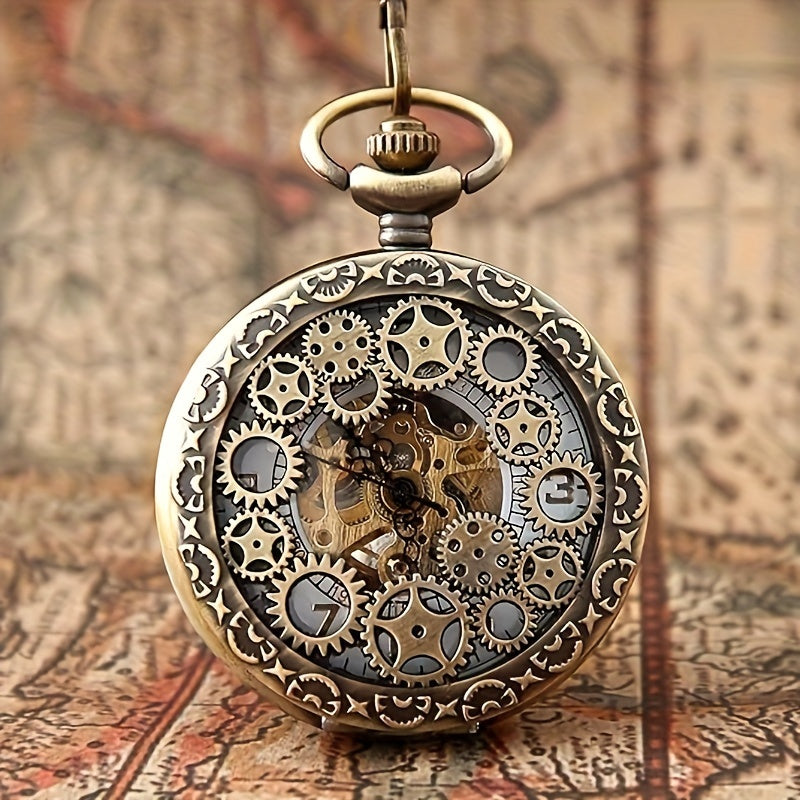 JewelryWe Automatic Mechanical Watch Classic Hollow Gear Skeleton Hand Wind Steampunk Retro Watch with Chain
