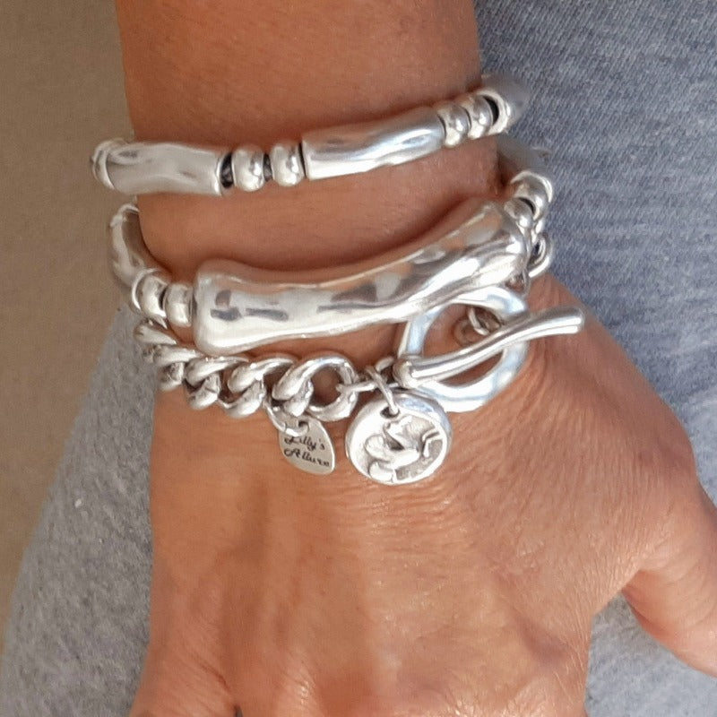 [For Any Occasion] 3pcs 925 Silver Bracelets for Women Chunky Bangles Set Silvery Stacked Bracelets for Any Occasion Hip Hop Bracelet