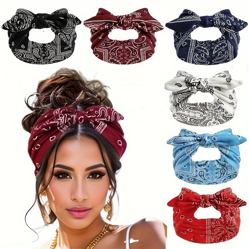 6pcs Bohemian Cashew Flower Women'S Bow Elastic Sports Headbands - Loose Elastic Headscarves, 6 Colors (Sky Blue/ Black/ Navy/ Wine Red/ White/ Red) Suitable for All Seasons, Outdoor And Daily Wear