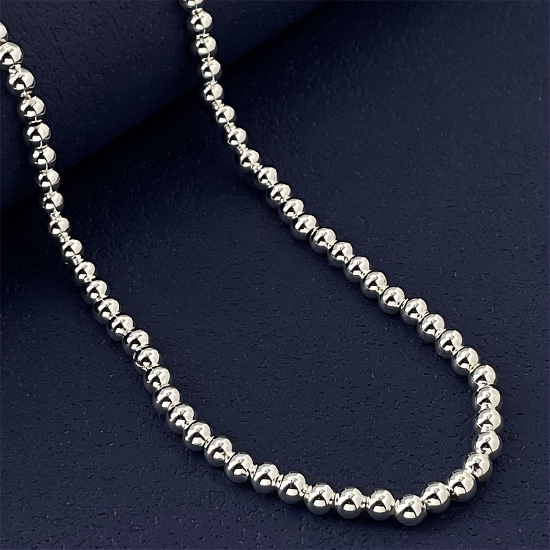 [Elegant Silver Necklace] 1pc Elegant 925 Sterling Silver Beaded Necklace, Adjustable 16-20 Inches, Chic Round Bead Chain, Fashionable Jewelry Accessory