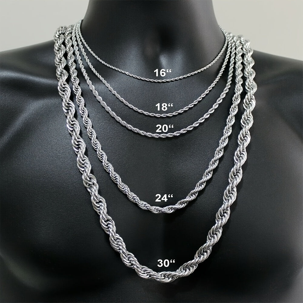 3/5/7mm Stainless Steel Rope Chain Necklace for Men & Women - 16-30 Inch Durable Unisex Jewelry Gift for Valentine's Day, Father's Day, Mardi Gras - Everyday & Party Wear, Year-Round Versatile Accessory
