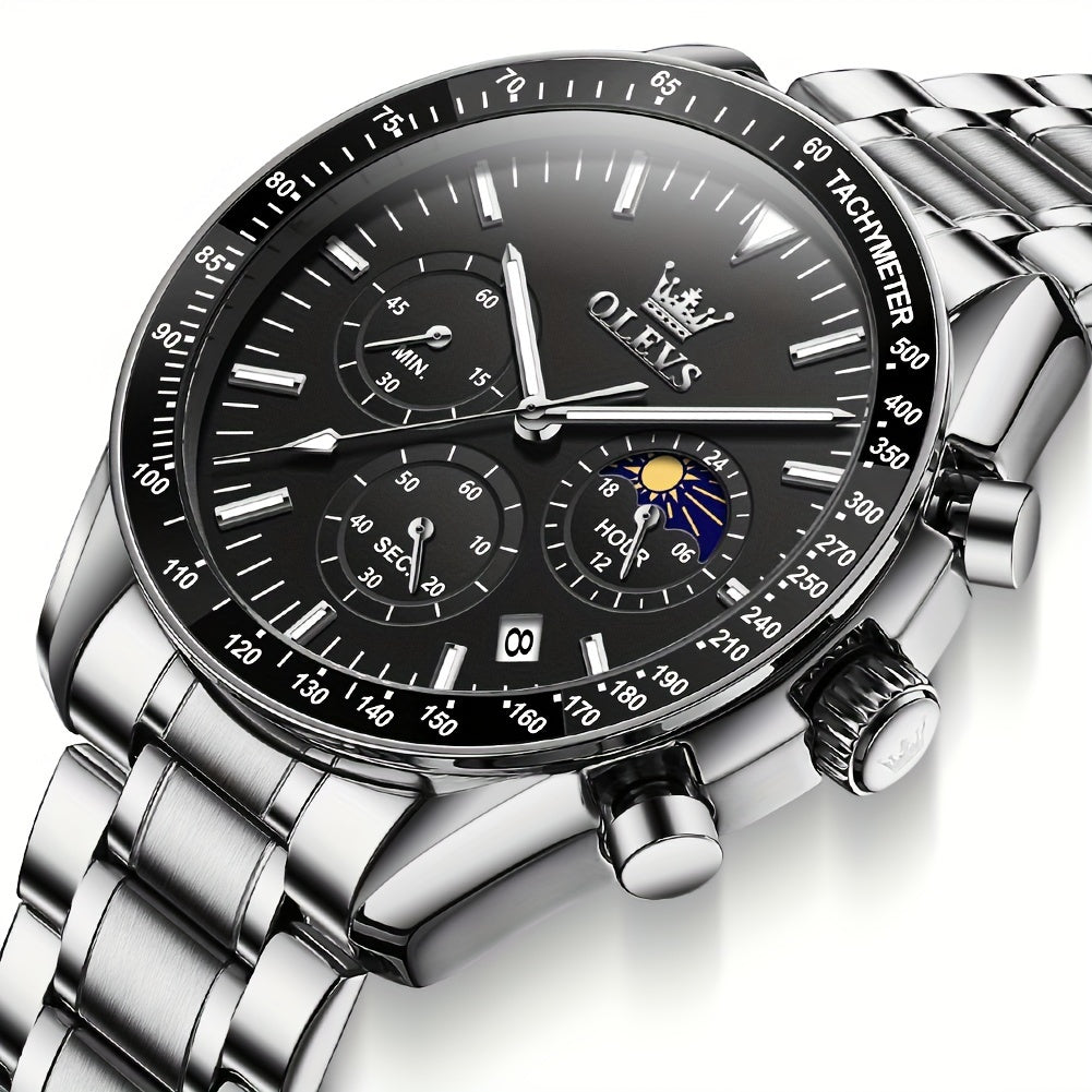 OLEVS Men's Watches Chronograph Multifunction Sport Watches Classic Casual Luxury Dress Moon Phase Analog Quartz Stainless Steel Male Watches Wrist Watches for Man Relojes Para Hombre Black/Blue/Golden Dial