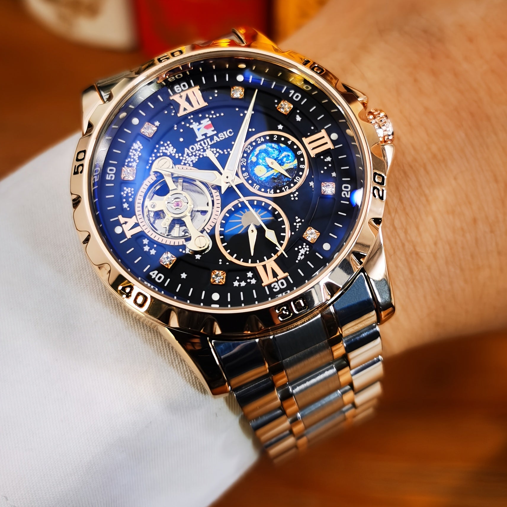 Top Brand Men Fashion Tourbillon Skeleton Automatic Mechanical Watch, Rose Golden Case Stainless Steel Strap, Iced Out Starry Sky Luminous Dial, Business Casual Mens Watches, 1pc, Gifts with Box