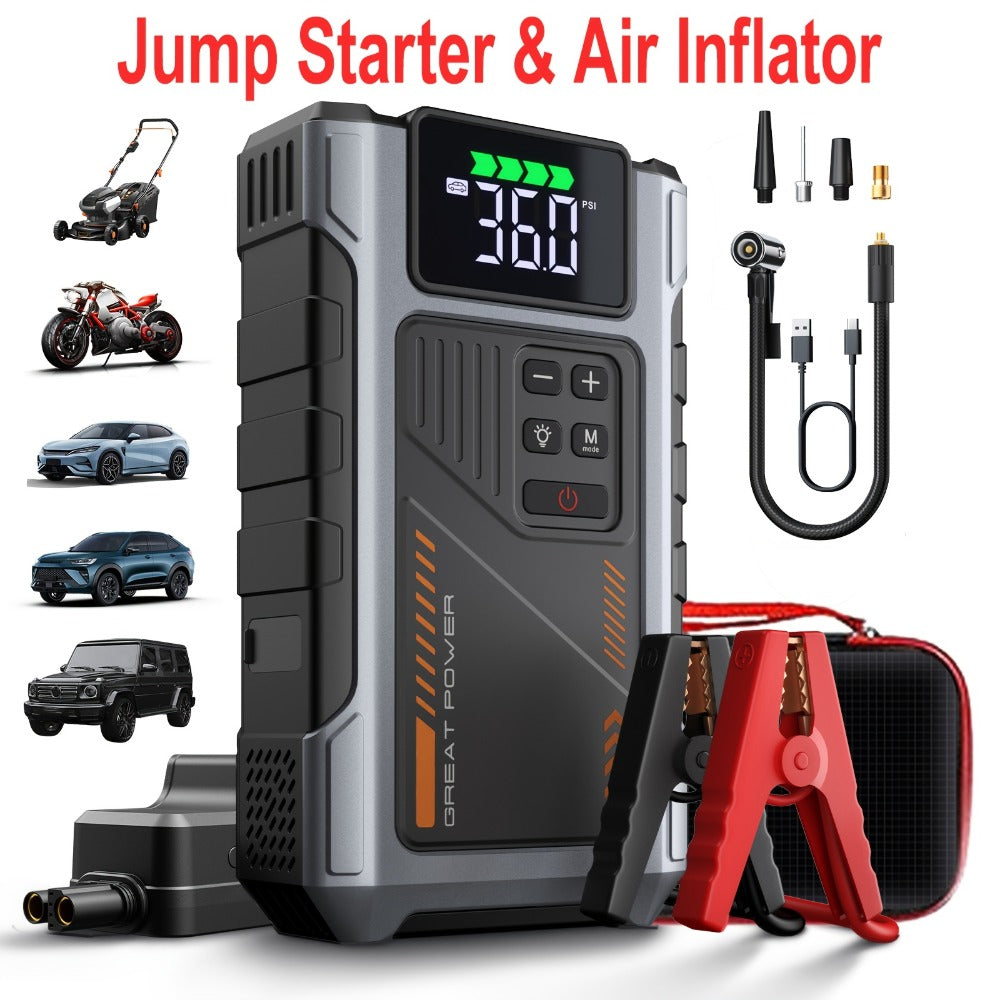 [Portable Jump Starter] 9-in-1 Portable Jump Starter with Air Compressor, Jump Starter for Car, Battery Jump Starter Portable, Car Battery Charger Portable For12V(8.0LGas/6.5L Diesel) Start The Car Quickly, USB Input/output, LED Emergency, Car Accessories