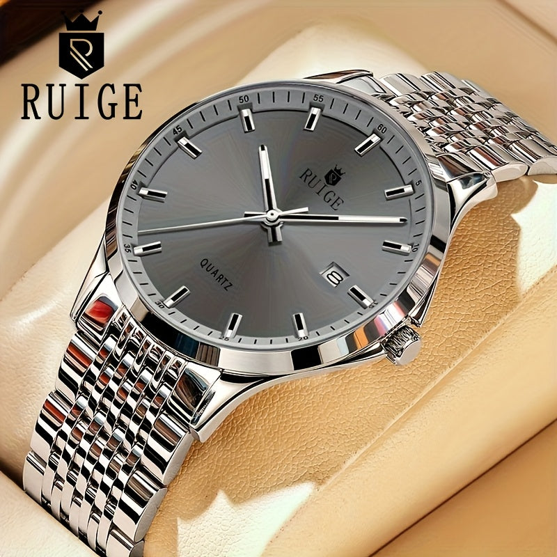 RUIGE Men'S Quartz Watch Stainless Steel Luxury Sports Men'S Watch Calendar with Night Light Leisure Business Watch