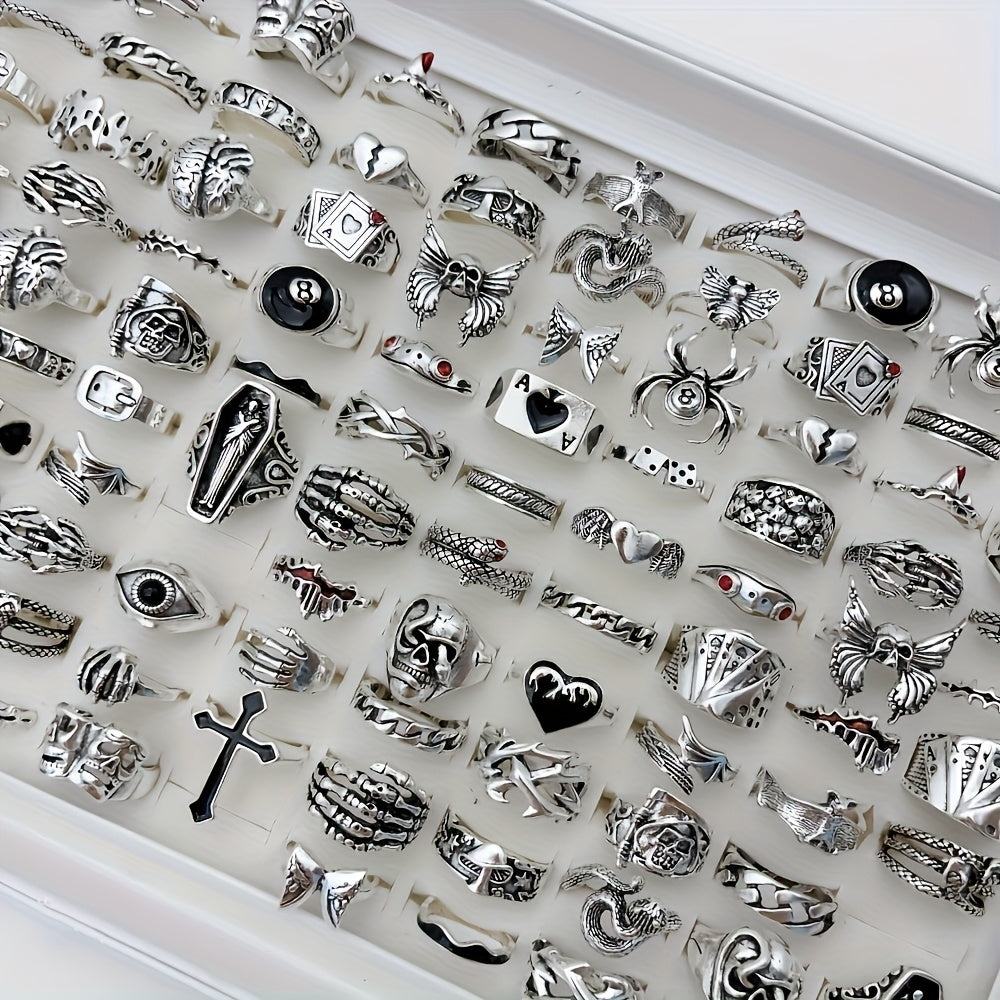 [24pcs Punk Ring Set] 24pcs Random Retro Punk Ring Set, Dark Style Spider Skull Cross Jewelry, Suitable for Daily And Party Wear, Trendy Accessories