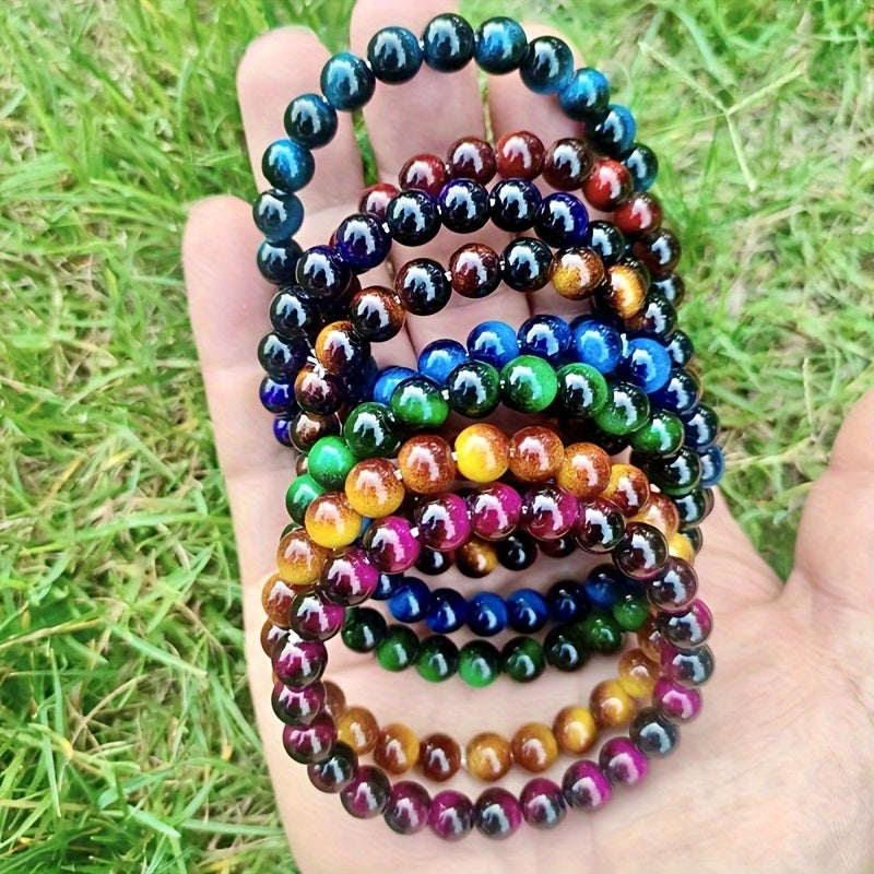 8pcs Set of 8mm Tiger Eye Stone Bracelets- Handmade, Fashionable and Durable, Suitable for Daily Wear- Unisex Design- Perfect Gift for Valentine'S Day, Birthdays, or Any Special Occasion