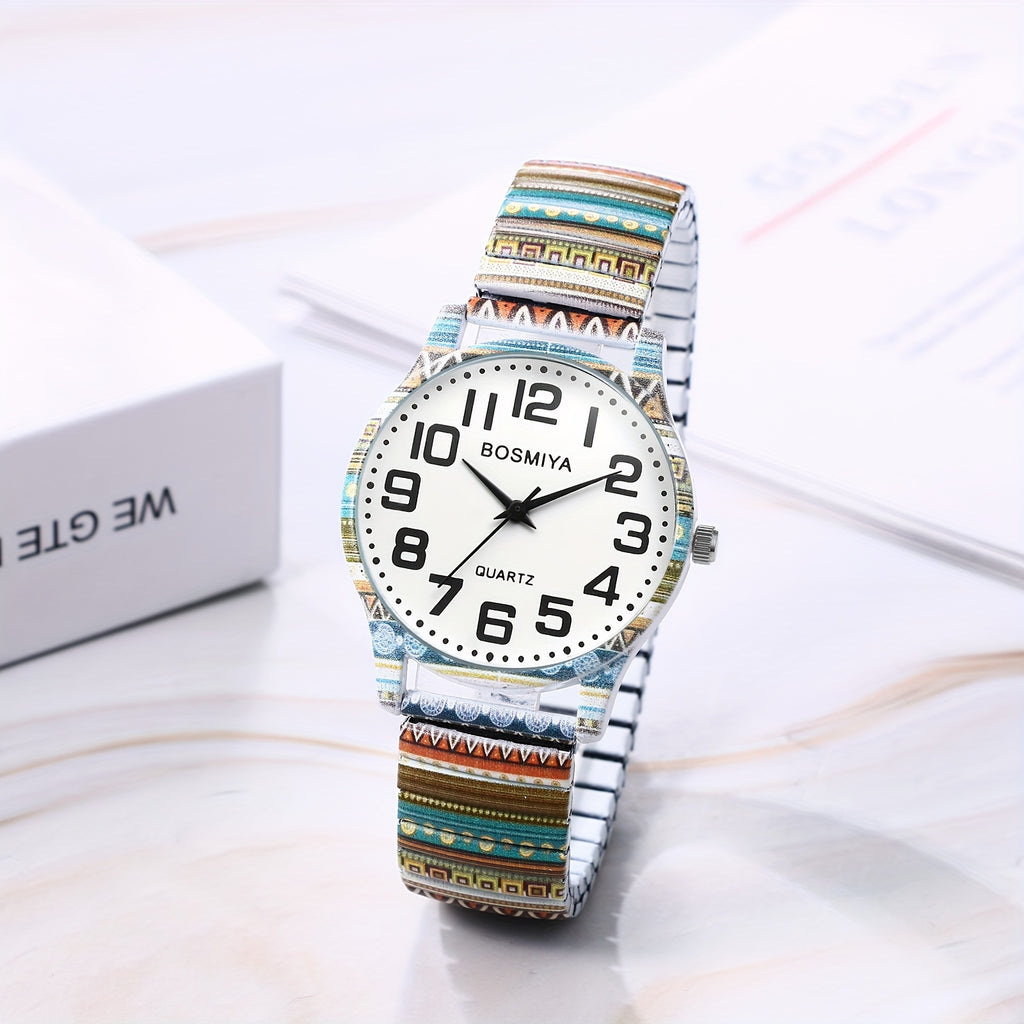 Bohemian Analog Quartz Watch, Women's Watches, Printed Stretch Stainless Steel Strap, Large Arabic Numerals Scale Dial, Clear And Easy to Read, Easy to Wear, Christmas Birthday Gift