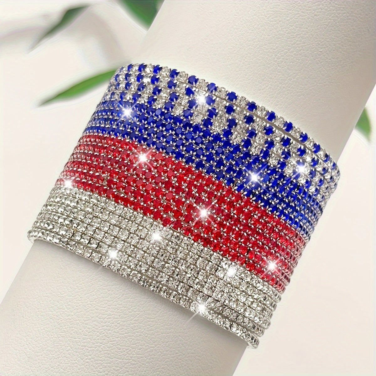 Lots 10pcs Independence Day USA Red White Blue Rhinestone Stretch Bracelets Set Women/ Men Silvery Plated Copper Elastic Exquisite Shiny Handmade Sparkling Rhinestone Multi-layer Bracelets Minimalist Vintage Stackable Wristband Bracelet Set Jewelry