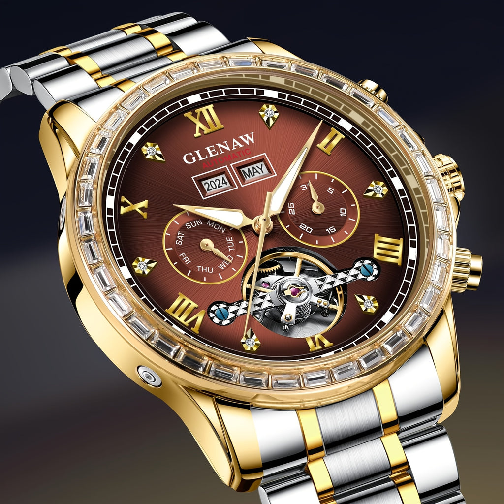 GLENAW Men'S Luxury Automatic Mechanical Watch - Golden-Tone Rhinestone Case, Multi-Function Perpetual Calendar Dial, Stainless Steel Strap, Water-Resistant up to 1181.1inch, with Roman Numerals & Date Display, Without Battery