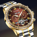 GLENAW Men'S Luxury Automatic Mechanical Watch - Golden-Tone Rhinestone Case, Multi-Function Perpetual Calendar Dial, Stainless Steel Strap, Water-Resistant up to 1181.1inch, with Roman Numerals & Date Display, Without Battery
