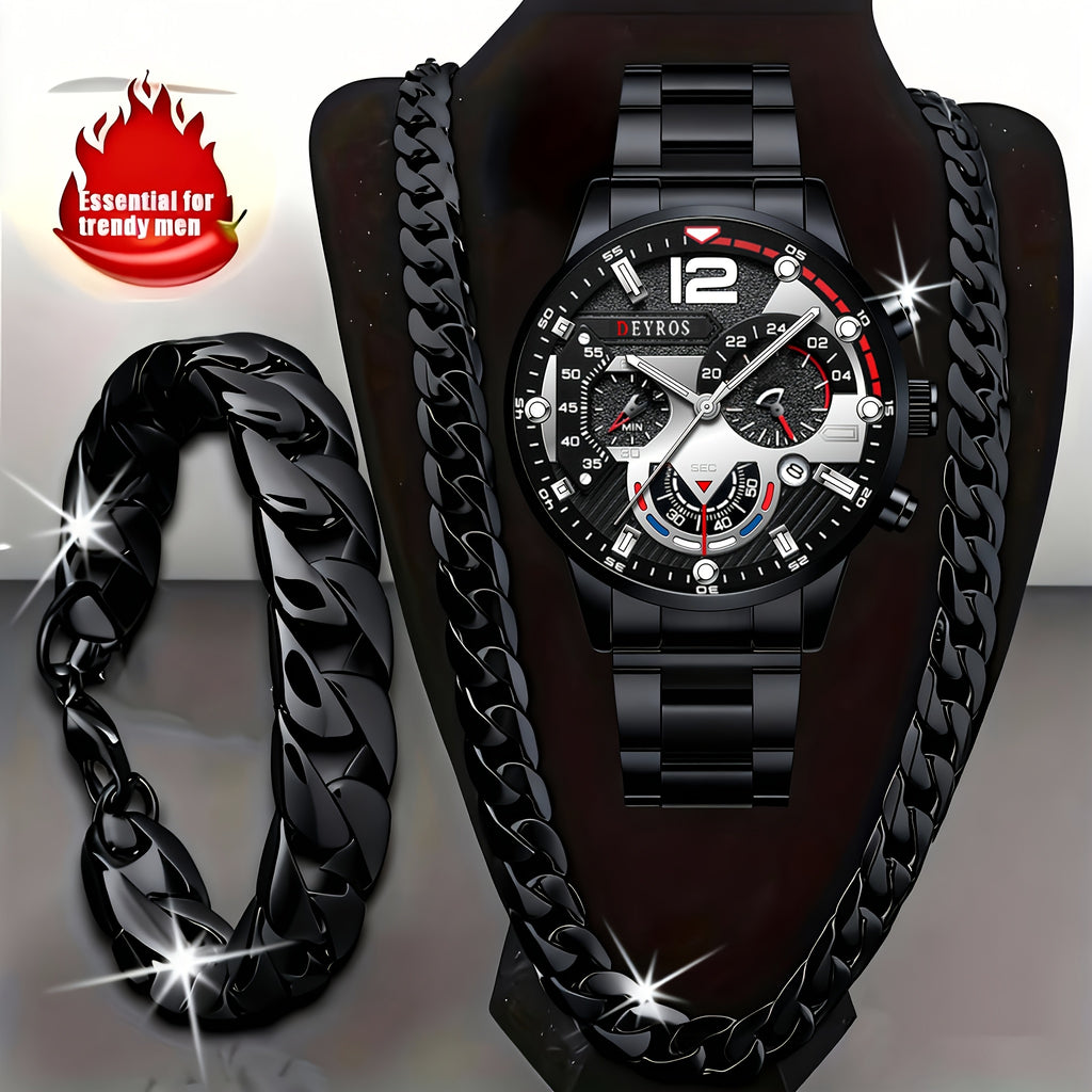 3pcs Men's Watch and Matching Necklace/Bracelet Combo - Luxury Analog Quartz Wristwatch with Matching, Elegant & Matching for Daily Wear, Gifts for Him (, Anniversary, Thanksgiving) - Stylish Complete