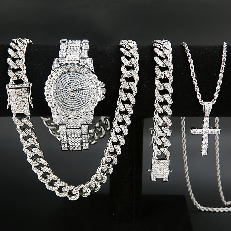 5pcs Luxury Watch And Jewelry Collection for Both Men And Women - Features a Quartz Wristwatch, Cuban Link Necklace, Bracelet, Ring, And Cross Pendant - an Ideal Gift for Christmas