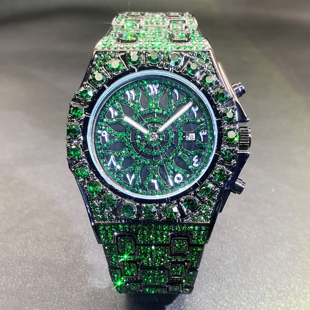 Men'S Hip-Hop Timepiece, Social Event Watch for Men, Big Face Green Ice Faux Faux Gemstone, Glow-In-The-Dark Hands Clock, Luxury Gift for Men
