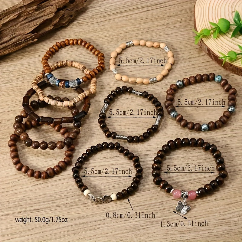 36-Pack Assorted Wooden Beaded Bracelets, Uncoated Metal, Zinc Alloy Charms, Women's Men's Fashion Jewelry, Handmade, Christmas Gift, Random Selection