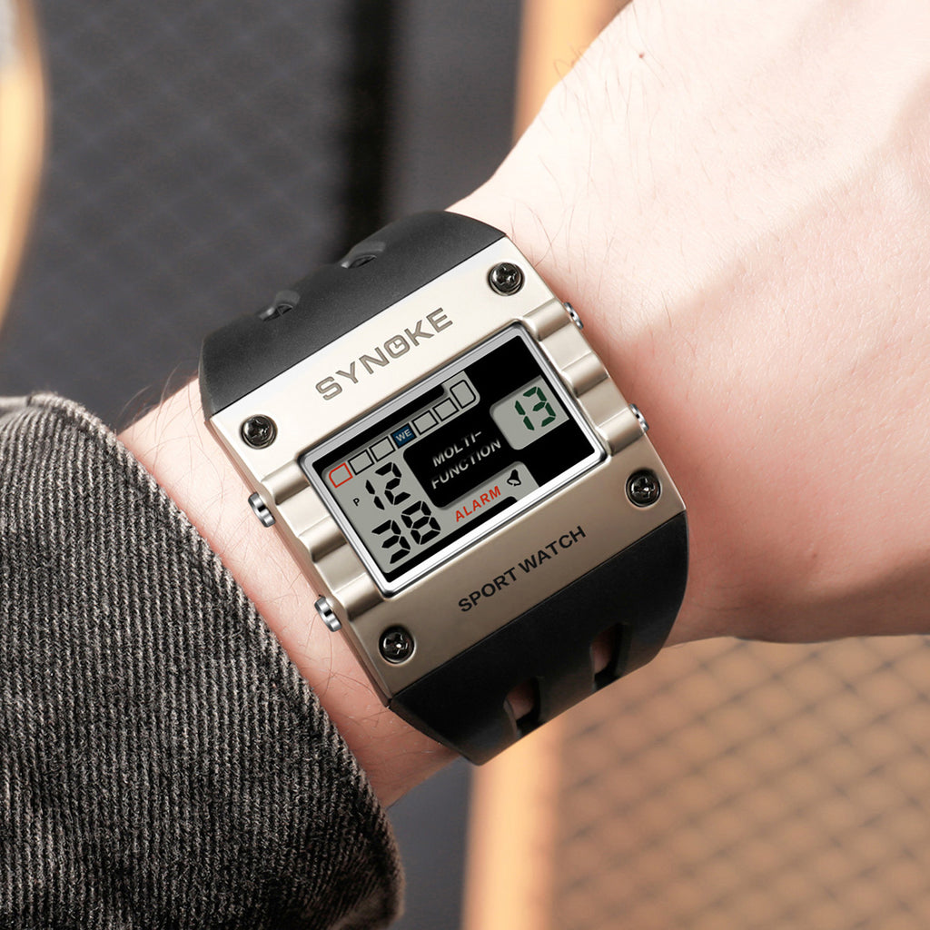 Men Digital Watch Rectangle Large Face Easy To Read Watch Multifunctional Sports Alarm Clock LED Watch