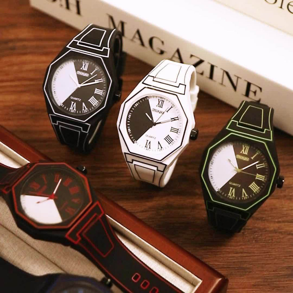 Quartz Watches for Men -1pc Modern Cartoon Minimalist Unisex Mens Watch, Silicone Strap, Black & White Dial with Geometric Patterns, Casual Watches for Men & Women, Special Occasions, Everyday Timepiece - Christmas, Halloween Gift, Reloj Para Hombre.