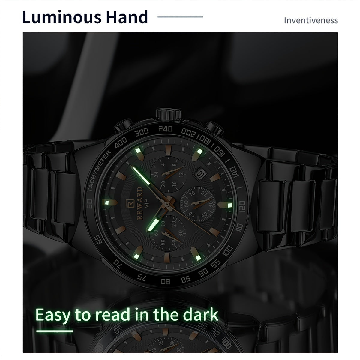 Reward REWARD VIP Black Quartz Watches For Men Sport Chronograph Luminous Wrist Watches Stainless Steel Wristwatch